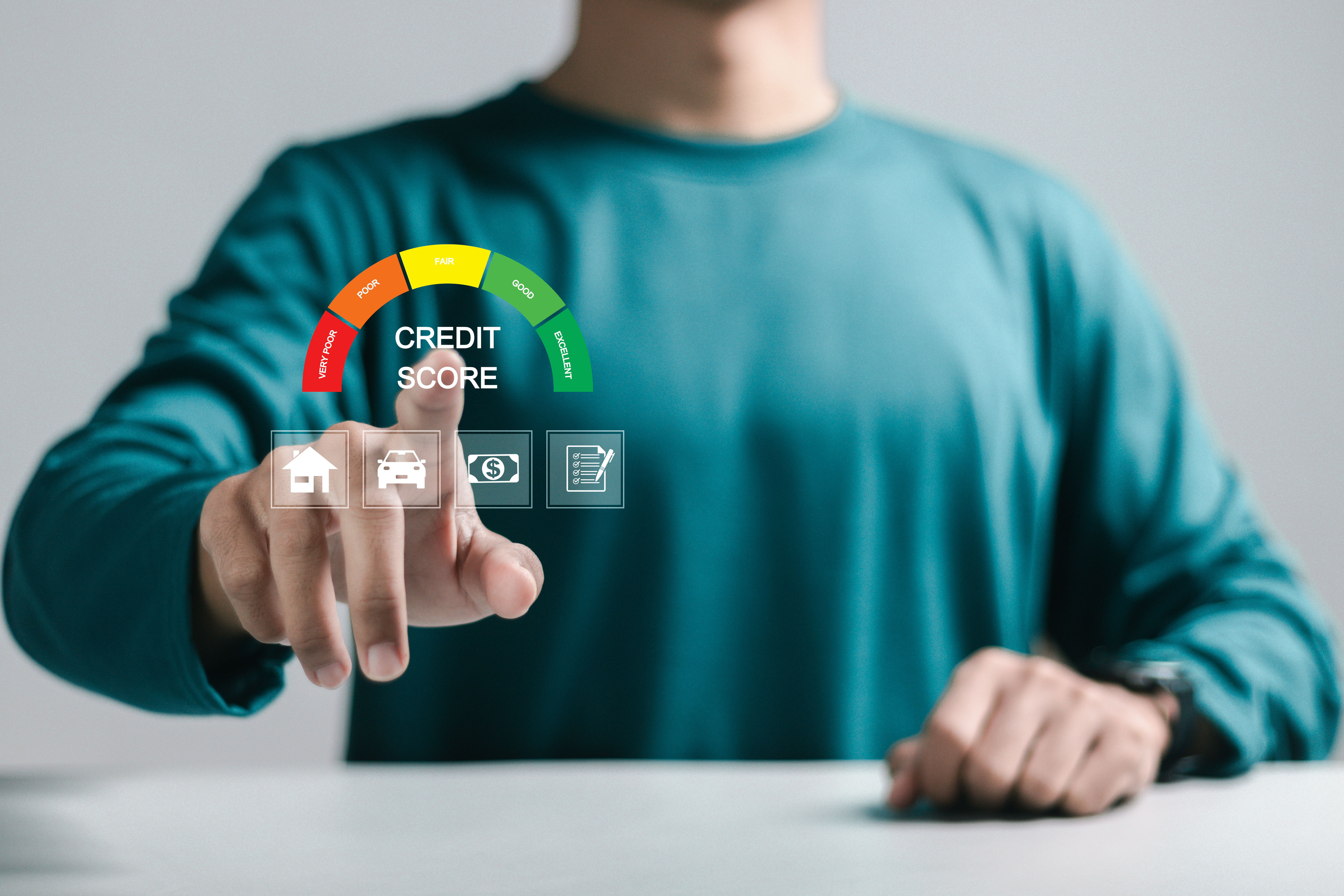 Person interacting with a digital credit score gauge displaying levels from very poor to excellent, accompanied by icons for home, car, money, and checklist.