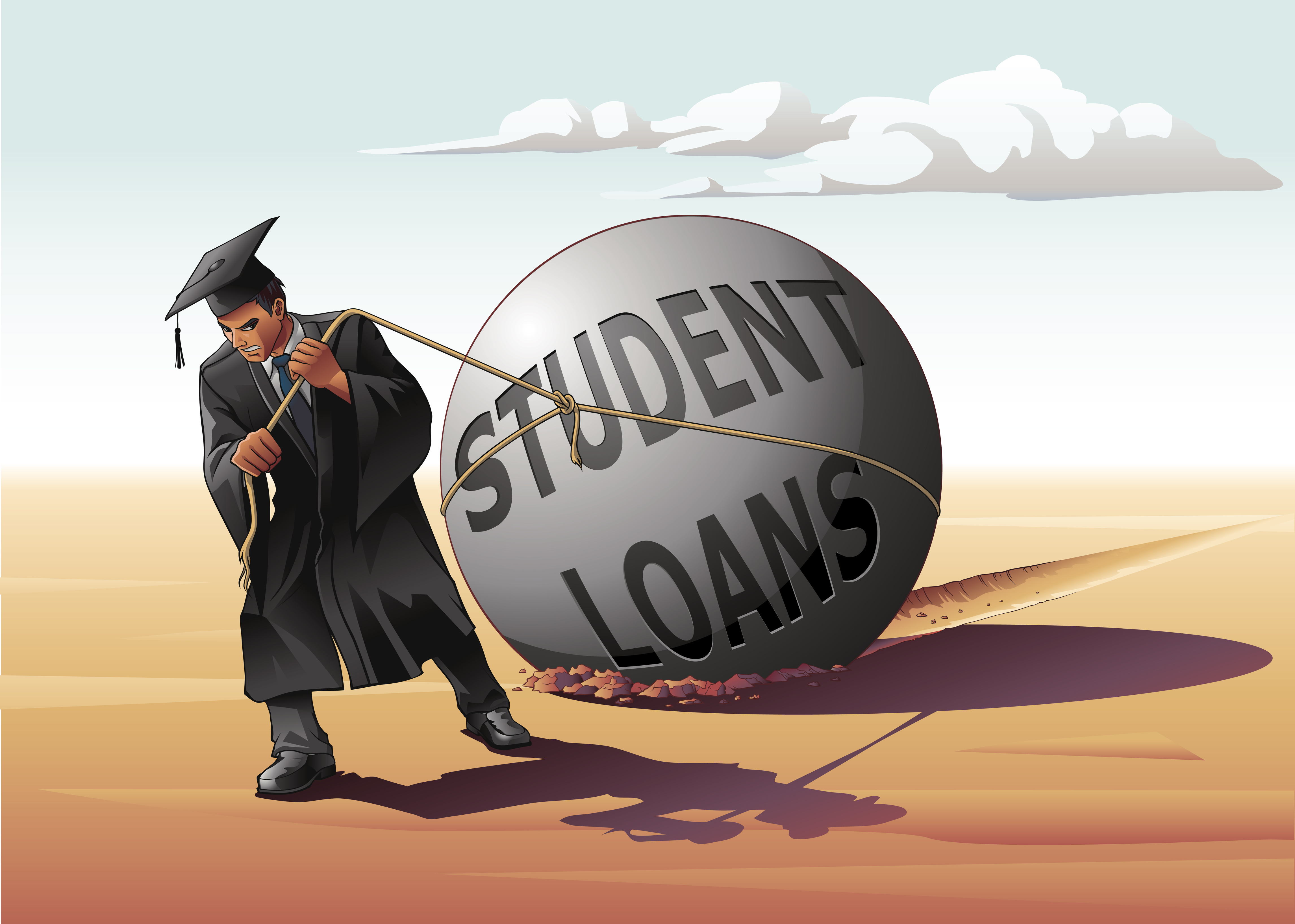 A graduate wearing a black cap and gown is depicted struggling to pull a massive steel ball labeled "Student Loans" through a barren desert, symbolizing the heavy burden of student debt.