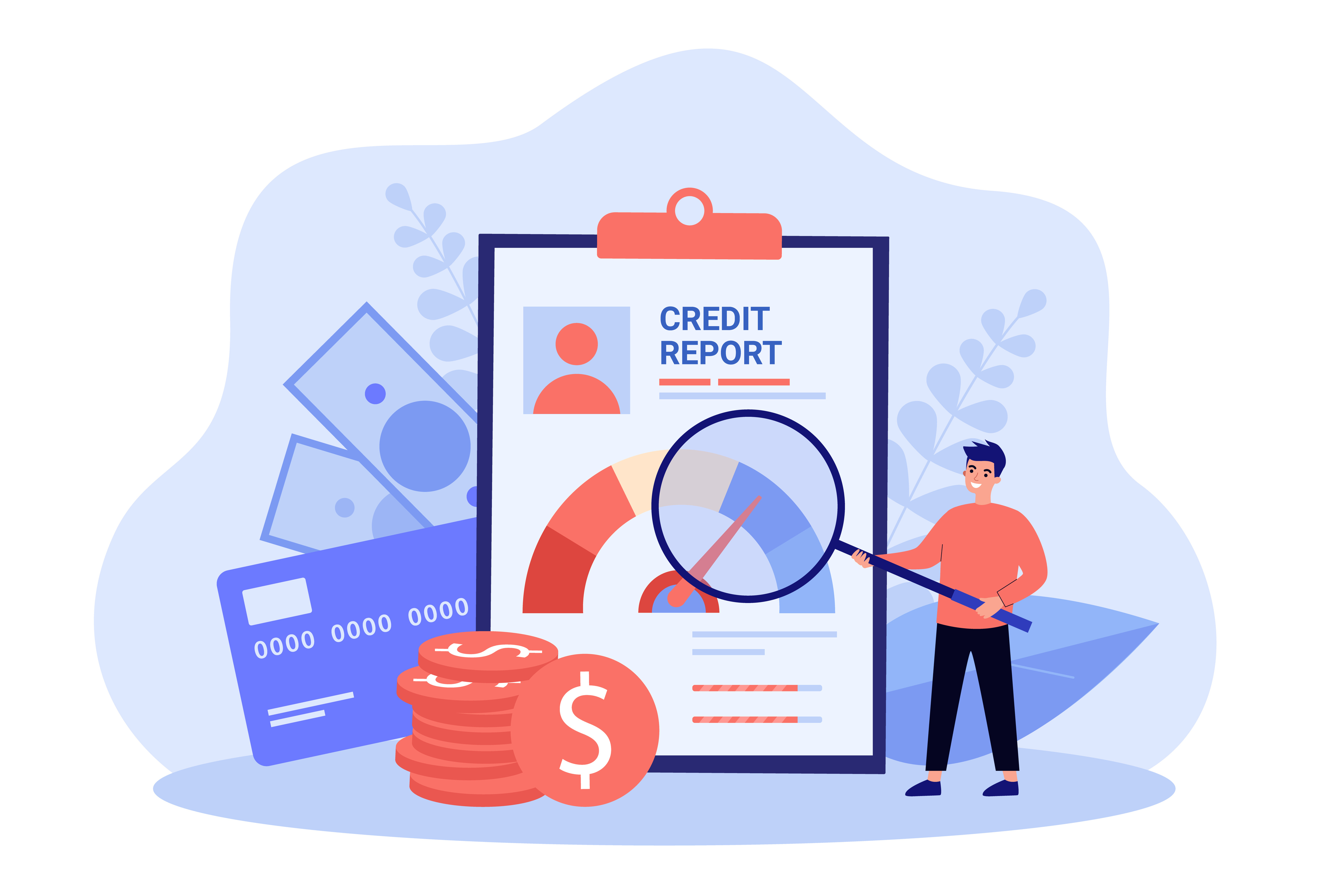 Illustration of a person analyzing a credit report with a magnifying glass, surrounded by financial symbols like cash, a credit card, and coins, representing the effects of medical school debt on credit scores.