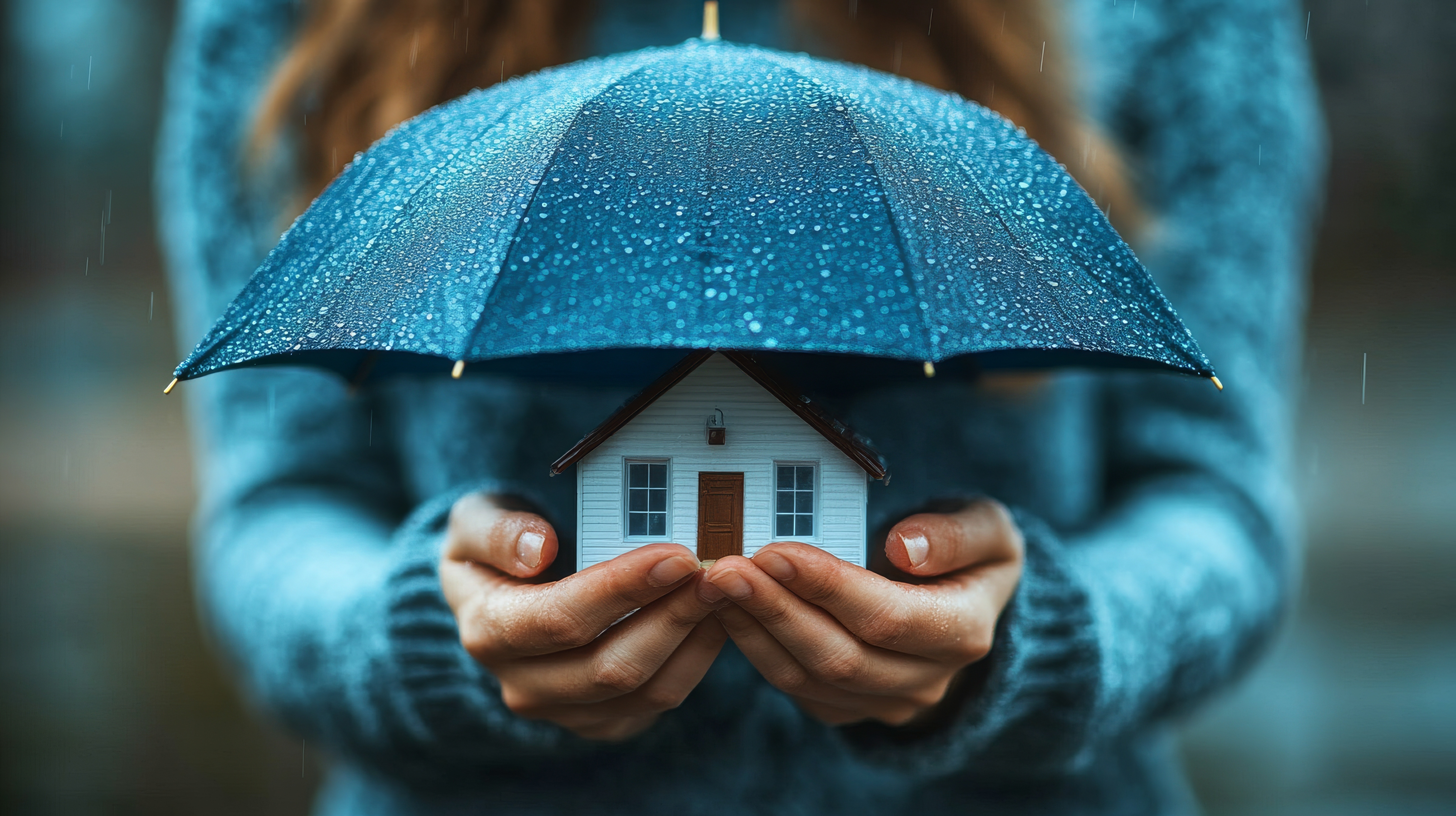 Hands holding a small house under a blue umbrella in the rain, symbolizing home protection and health insurance for doctors.