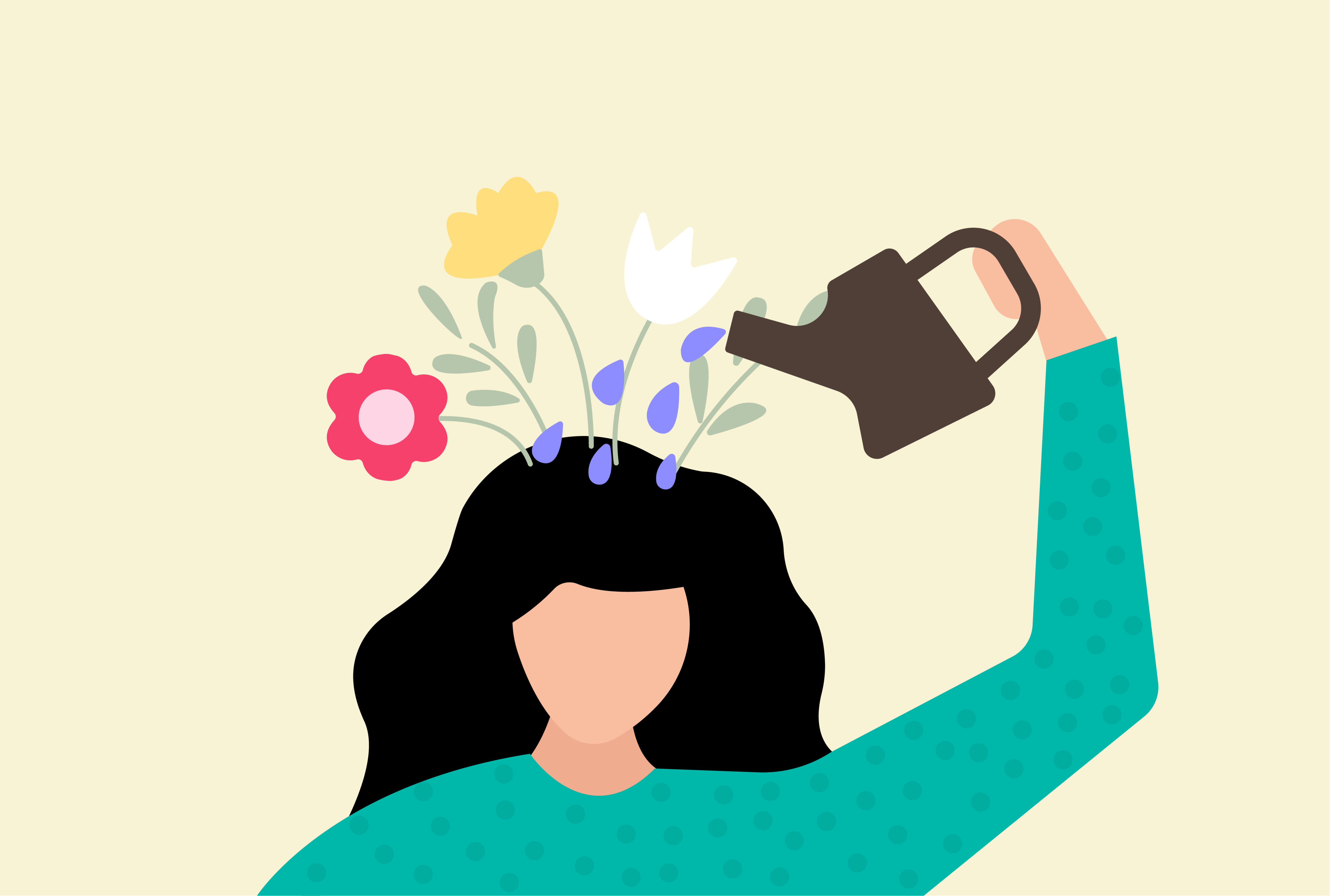 Minimalist illustration of a woman watering her head with flowers blooming, symbolizing self-care and personal growth.